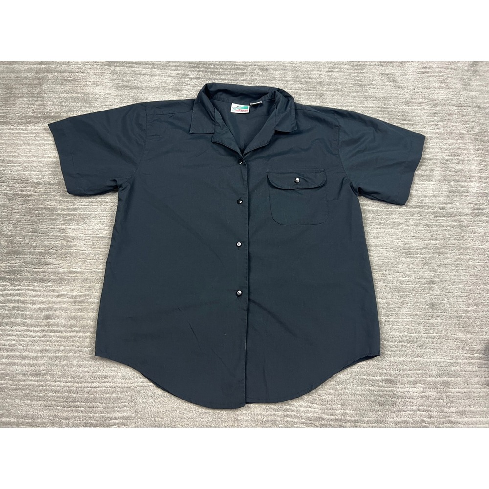Center Aisle Button Up Shirt Women Medium Black Short Sleeve Camp Collar Pocket